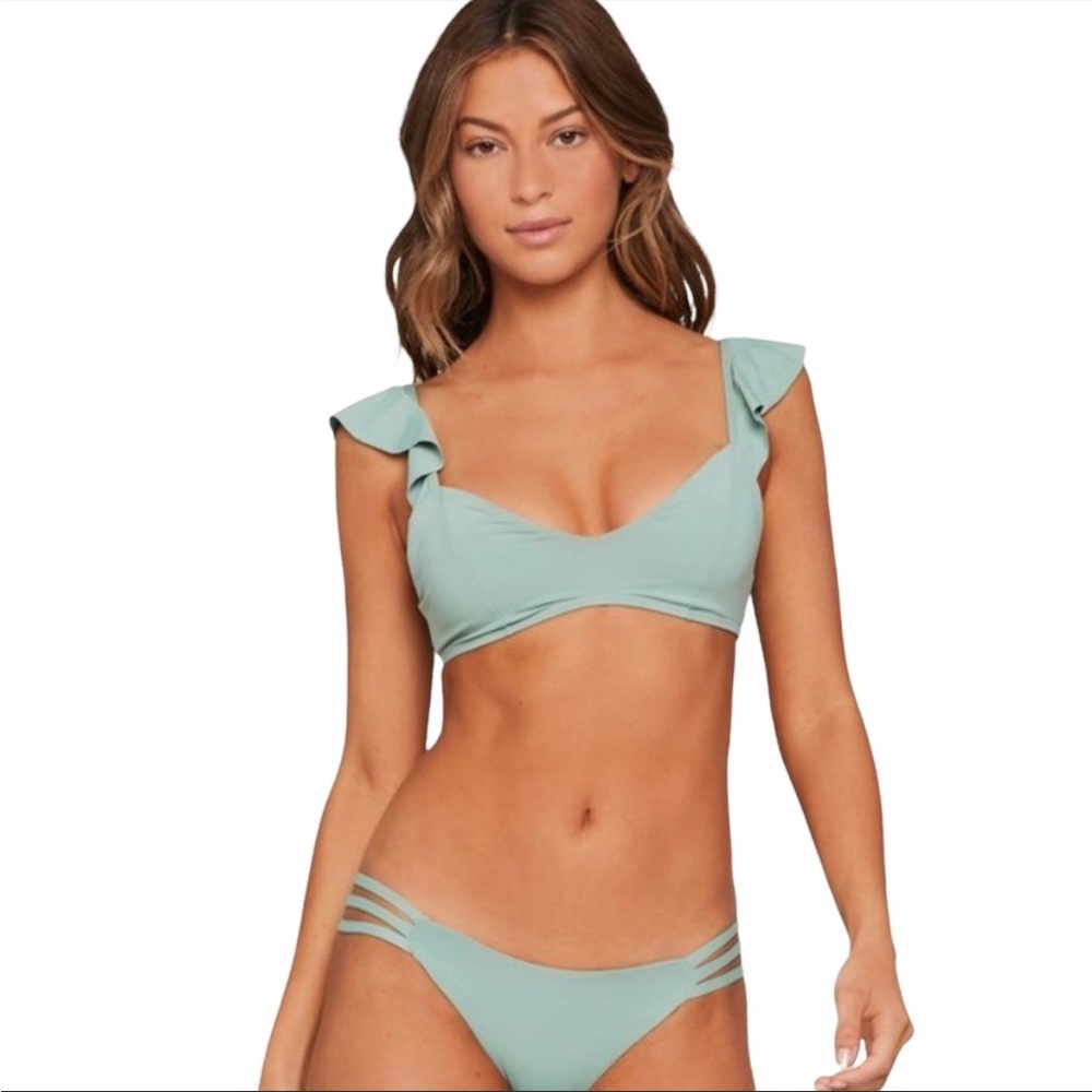 L*SPACE Harper Ruffle Cap Sleeve Scoop Neck Reef Green Swim Suit